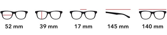 Lens width - 52mm, Lens height - 39mm, Bridge - 17mm, Temple - 145mm, Overall width - 140mm